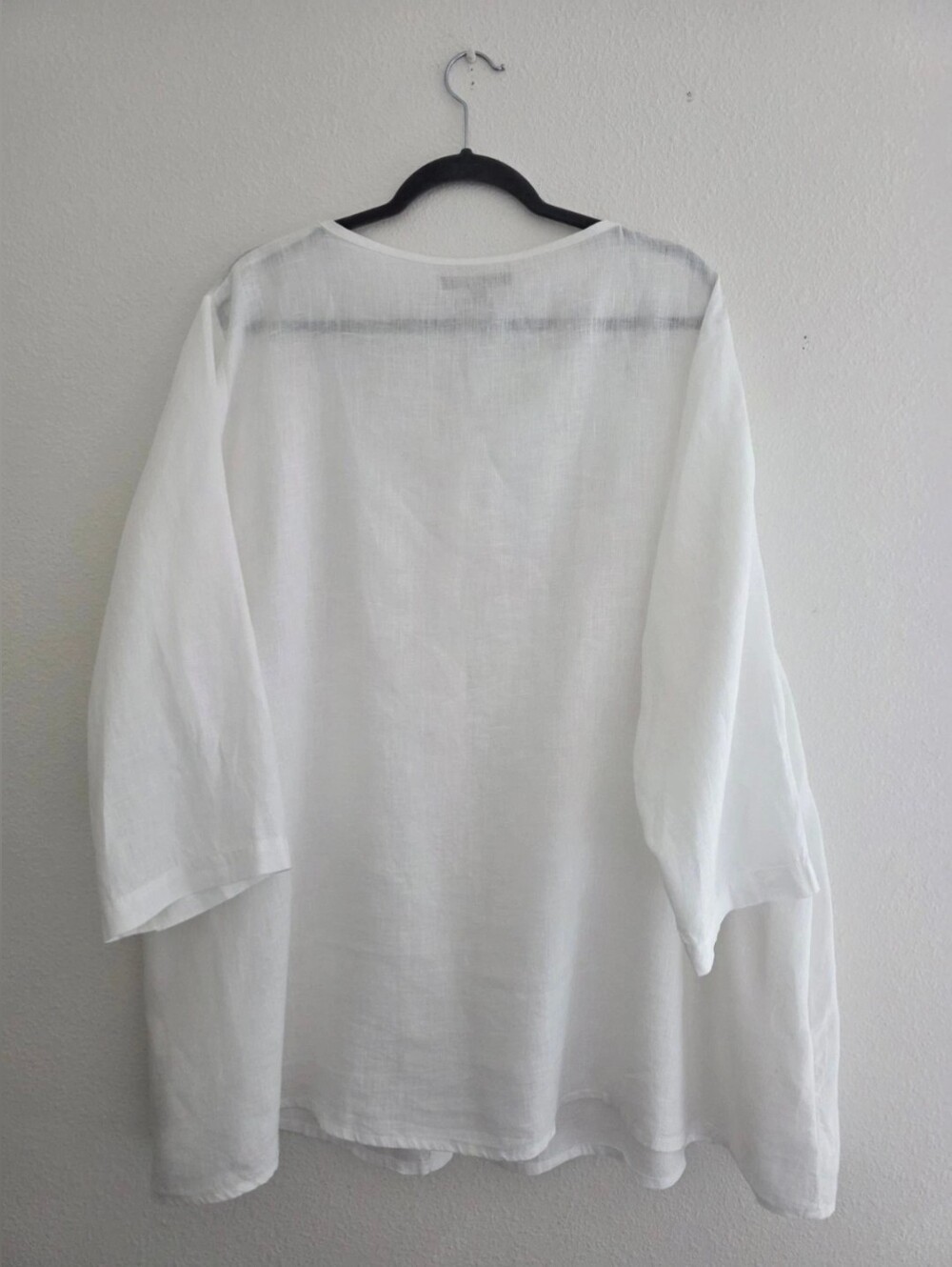 FLAX 100% Linen Button Front Blouse In White Round Neck 19" Sleeve Tunic Sz 1G - Picture 2 of 12